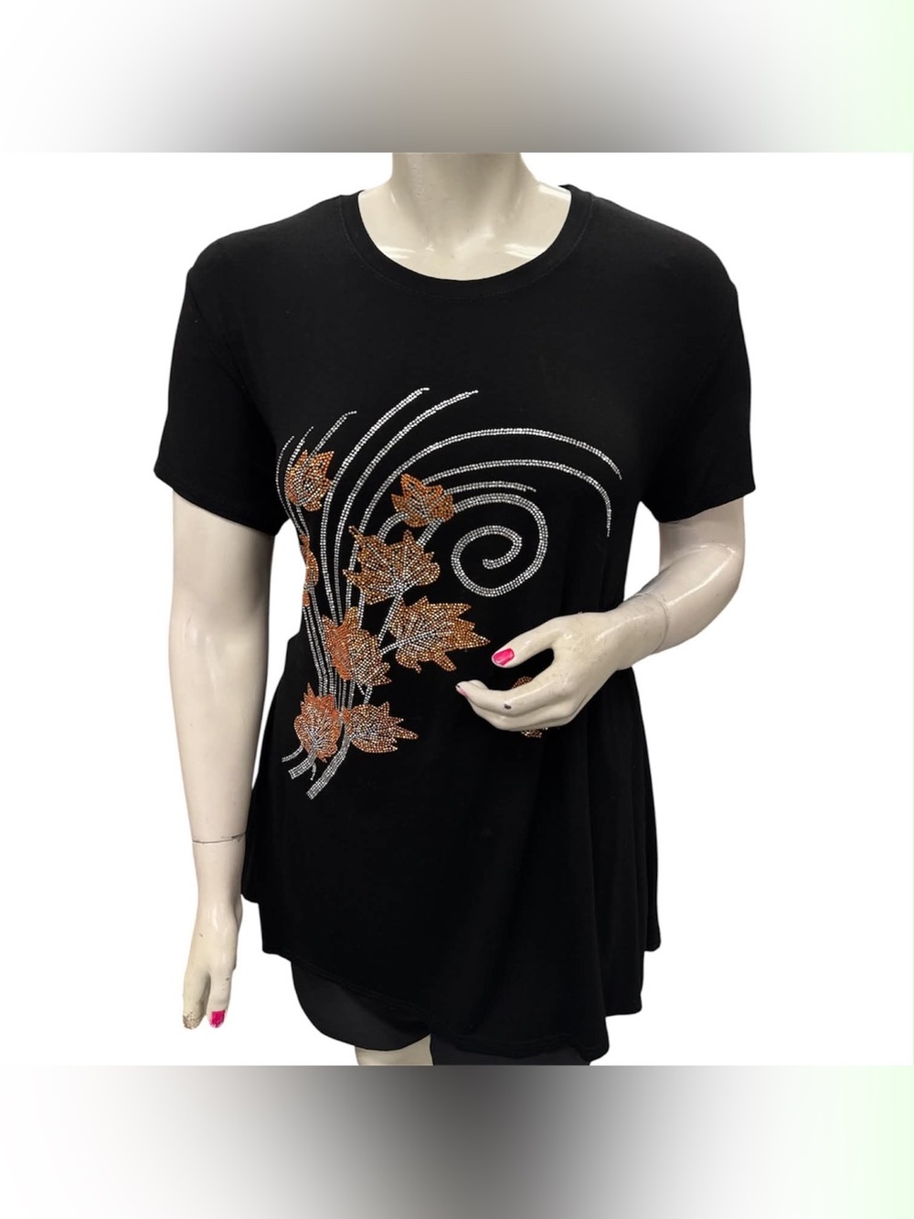Temptations Italy Black Short-Sleeve Top with Metallic Leaf Swirl Size XL